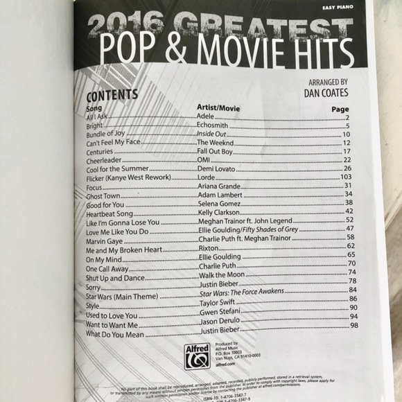 Easy Piano, 2016, Greatest Pop And Movie Hits, Piano Book, 108 Pages - Picture 5 of 9